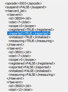 RTA event status showing Reported = TRUE