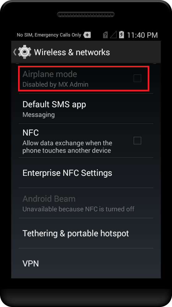 Disable Airplane Mode Menu Option using Power Key Manager - TechDocs